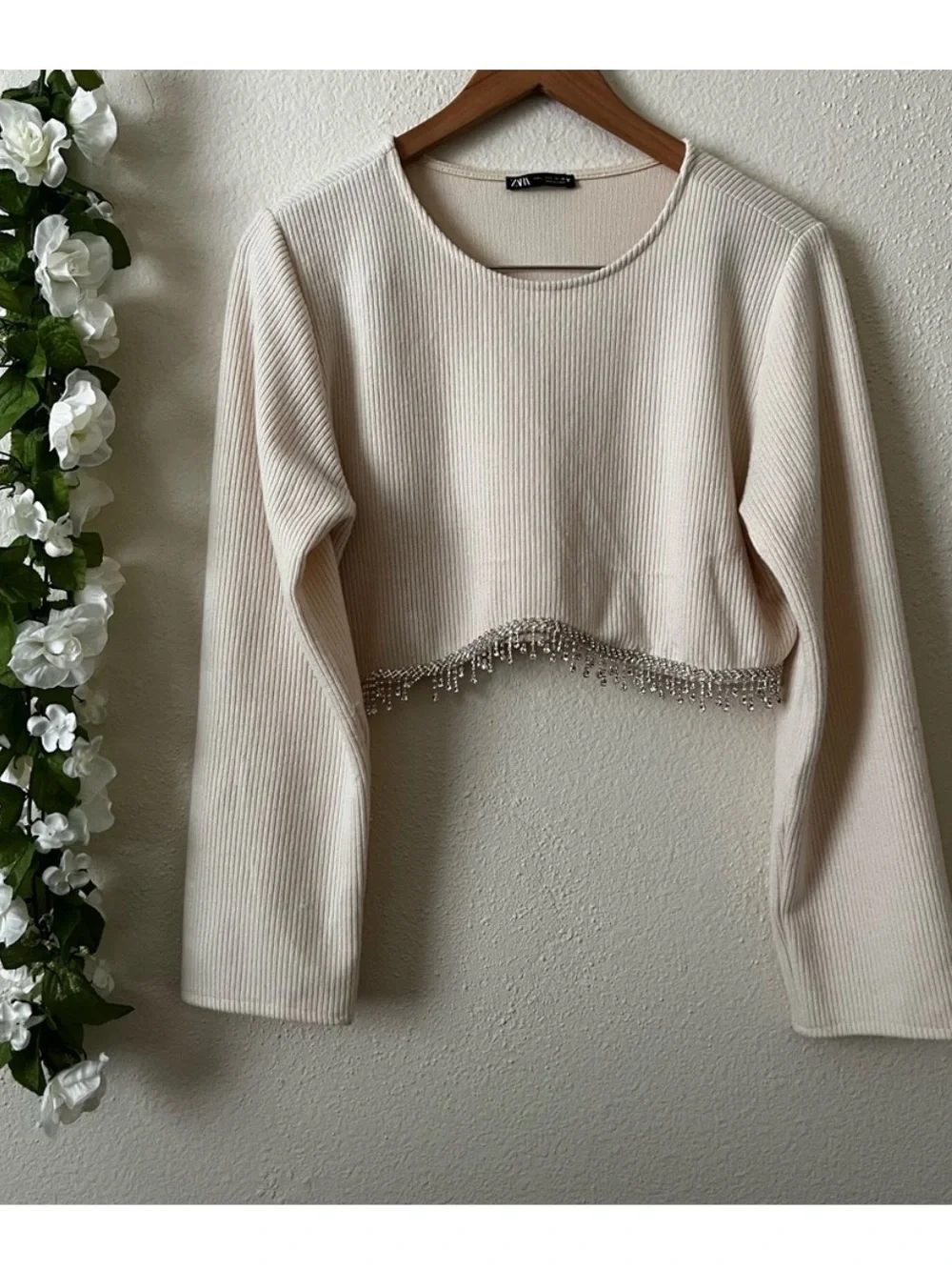 ZARA LIMITED EDITION Rhinestone Fringe Cream Top L